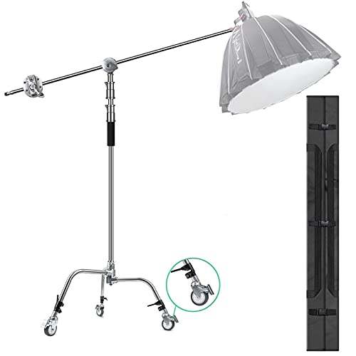 EACHSHOT C Stand Metal with Bag Wheel Max 10.8ft 330cm with 4.2ft 128cm Holding Arm 2 Pieces Grip Head for Godox AD400 Pro AD600 Pro AD600BM Aputure 120D 300D II for Photography Studio Video Monolight