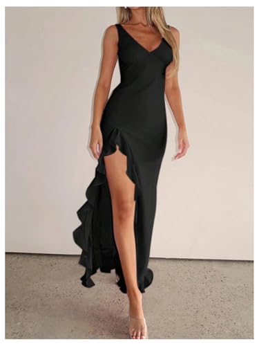 Image of SOLY HUX Women's Sleeveless V Neck Ruffle Trim Split Hem Dress Bodycon Long Dresses