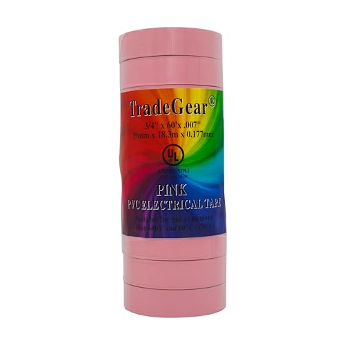 Image of TradeGear Pink 10 Pack - UL Listed Colored Electrical Tape, 60 ft x 3 /4 in, 600V, Flame Retardant, Waterproof, Rubber Adhesive - Phase Marking, Wire ID, Automotive