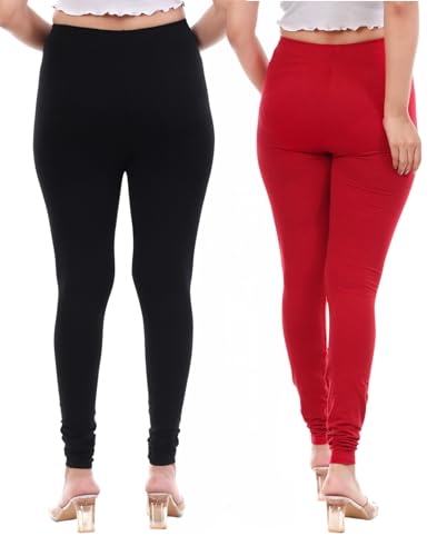 Image of TPF Women Solid Cotton Lycra 4 Way Stretchable Leggings | Combo Pack of 2 Comfortable Churidar-Length Slim Fit Leggings for Women & Girls