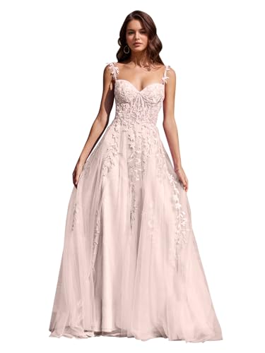 Image of Long Tulle Prom Dresses 2025 V Neck Floral Long Ball Gowns for Women Lace Applique Formal Evening Gowns ACE159