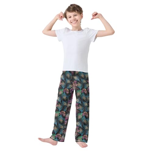 Colorful Peacock Feather Butterfly Boys Long Pants Soft Trousers Elastic Waist Kids Lounge Bottoms with Pockets S-XL2