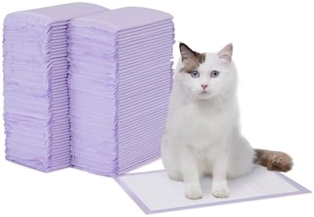 Amazon Basics Cat Pee Pads, Super Absorbent, Odor Control with Fresh Scent, Universal Fit for Litter Box, Multi Cat, Disposable, White/Purple, 100 Count