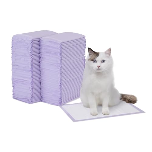 Amazon Basics Cat Pee Pads Super Absorbent Odor Control with Fresh Scent Universal Fit for Litter Box Multi Cat Disposable White/Purple 100 Count