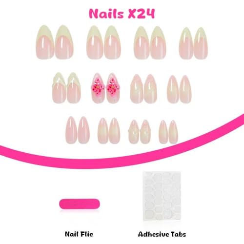 Image of Flower Press on Nails White French Tip Fake Nails Spring Nail Press ons 3D Floral Glue on Nails Medium Almond False Nails Glossy Artificial Acrylic Full Cover Stick on Nails for Women Manicure 24Pcs