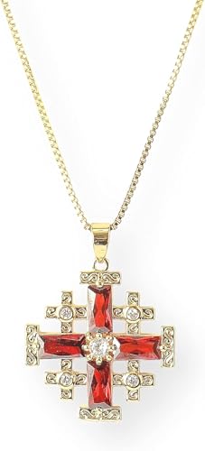 Nazareth Store 18k Yellow Gold Plated Crusaders Jerusalem Cross Pendant with Crystallized Topaz and 20