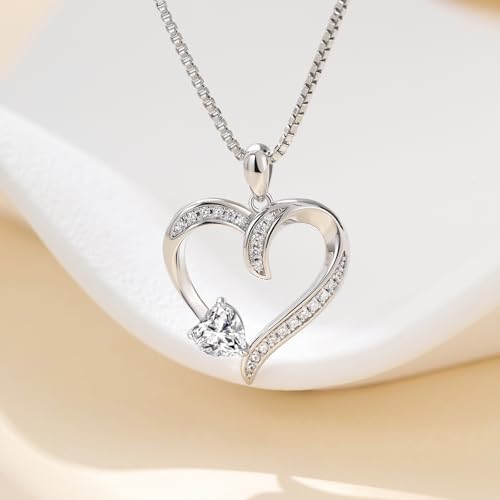 Love Heart Necklace for Women, 925 Sterling Silver Cubic Zirconia Birthstone Heart Pendant Jewelry Gift for Mom, Mother, Wife, Girlfriend on Birthday, Mother's Day, Chain 18 inch3