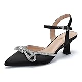 DOBOLIN Wide Width Black Kitten Heels Closed Toe Pumps for Women Rhinestone Bow Ankle Strap Wedding Bridal Party Office Daily Shoes, US Size 9