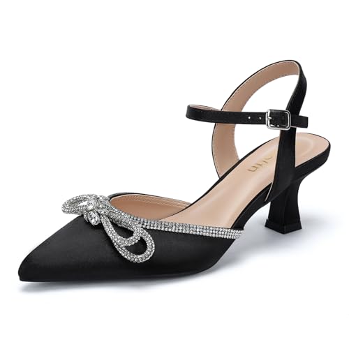 Wide Width Kitten Heels for Women Rhinestone Bow Pointed Closed Toe Pumps Ankle Strap Wedding Bridal Party Dress Shoes