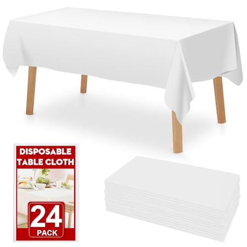 RowinsyDD 24 Pack White Plastic Table Cloths Disposable, 54 x 108 Inches Plastic Table Cover for Rectangle Tables, Disposable Tablecloth for Dinning, Parties, BBQ, Wedding, Outdoor