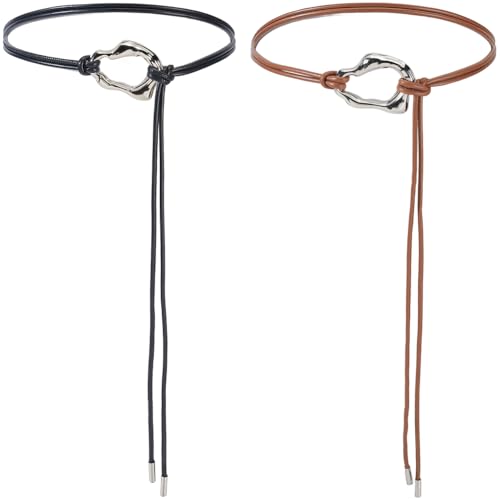 GORGECRAFT Cinturón de Cuerda de Cuero Sintético para Mujer 2 m Estilo Bohemio de Metal con Nudo Irregular Fino con Cierre de Aleación Color Negro Y Marrón