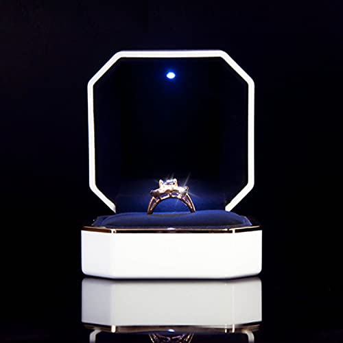 Image of Luxury Ring Box, Square Velvet Wedding Ring Case Jewelry Gift Box with LED Light for Proposal Engagement Wedding, White