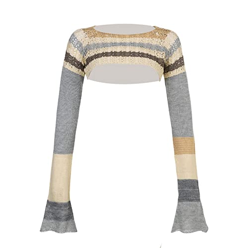 Women Wild Knitted Sweater Shrug Contrast Color Hollow-Out T-Shirt Round Neck Long Sleeve Crop Tops Streetwear