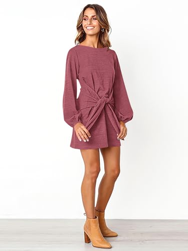 Image of PRETTYGARDEN Womens Spring Elegant Long Lantern Sleeve Short Dress Wedding Guest Crewneck Tie Waist Knit Cocktail Dresses