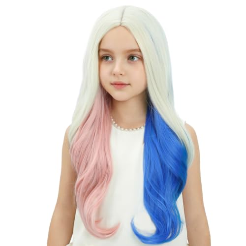 Image of Pink and Blue Wig for Kids Girls Long Blonde Mixed Pink Blue Wavy Curly Wig Children Middle Part Wigs Heat Resistant Synthetic Wigs with Cap