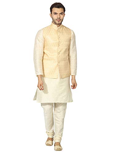 Image of Uri and MacKenzie Men's Silk Blend Regular Kurta Churidar Pyjama with Bundi Nehru Jacket /Waistcoat