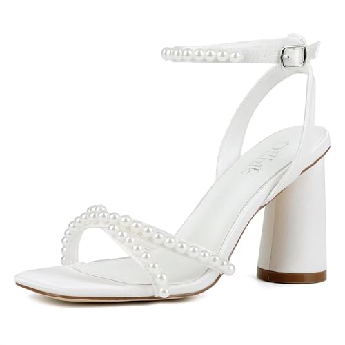 Block Heel Wedding Shoes for Bride Ankle Strap Bridal Shoes Square Toe Heeled Sandals Pearl Heels