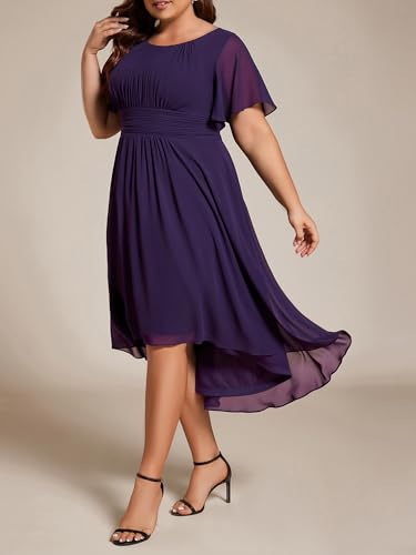 Image of Ever-Pretty Women's Plus Size Formal Wedding Guest Dresses for Curvy Women A Line Chiffon Midi High Low Cocktail Dress