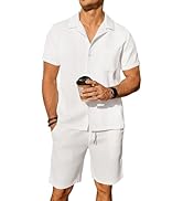 Comdecevis Men's 2 Piece Waffle Button Down Tracksuits Short Sleeve Camp Collar Hawaiian Sets Sum...