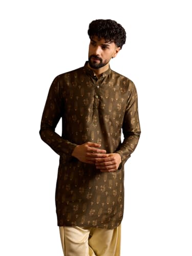 Image of Amazon Brand - Tavasya Men Silk Blend Ethnic Motif Printed Embellished Long Kurta | Regular Fit | Ethnic Wear | Full Sleeve