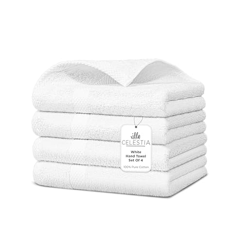 Image of Villa Celestia Cotton Hand Towels Set of 4, 16 x 28, Oeko-TEX Certified, Quick Dry, White