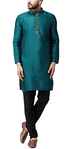 Image of SOJANYA (Since 1958 Mens Maroon Jacquard Silk Kurta and Black Churidaar Pyjama Set