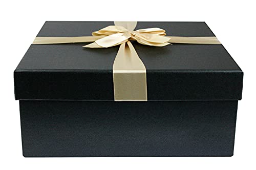 Emartbuy Caja de regalo rígida, 20 x 20 x 8 cm, caja negra con tapa negra, cinta decorativa dorada satinada y papel triturado de 50 g, color blanco Cover