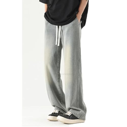 Men Straight Jeans Elastic Waist Drawstring Wide Leg Pants Vintage Casual Trousers4