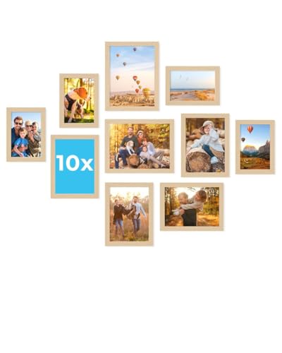 PHOTOLINI Bilderrahmen Set verschiedene Größen Bilderwand Collage 10 Rahmen Bilderrahmen-Set Natur Holz MDF zum Aufstellen & Aufhängen Acrylglas photo frames for wall 10x15 13x18 & 15x20 cm