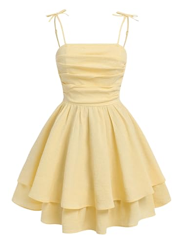SHENHE Girls Smocked Ruched A Line Swing Dress Layered Tie Shoulder Flowy Cami Short Dress Mustard Yellow 13 Years