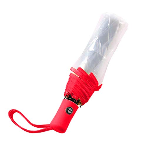 Hacoly transparent Regenschirm Kunststoff durchsichtig Taschenschirm automatischem Knopf Sturmfest Schirm mit Lanyard, klein, leicht kompakt, windsicher, stabil,23.5cm - rot