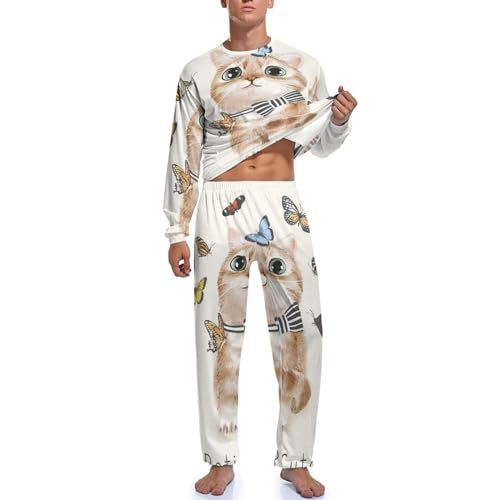 Pyjama Homme Chat Papillon Ensemble de Nuit Pantalon et Manche Longue - 3