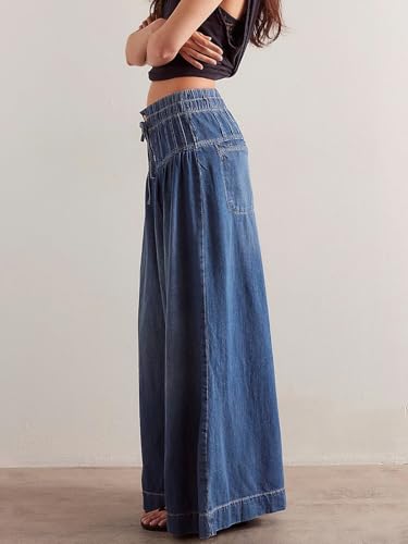 ebossy Women's Barrel Jeans Drawstring Stretchy Ruched Mid Rise Wide Leg Loose Denim Pants with Pockets3
