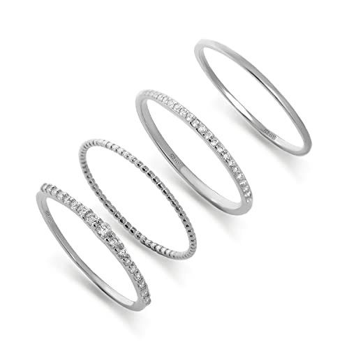 Stackable Ring Set of 4 Pure Silver Ultra Thin Stacking Rings for Women Dainty Gold Ring Minimalist Delicate Diamond Ring (Silver, 6.5)