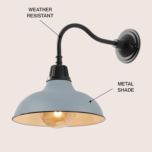 Image of JONATHAN Y 12.25 inch Matte Silver Blue /Black Farmhouse Industrial Outdoor Sconce, LED Gooseneck Wall Light for Porch, Metal Bowl Shade, Dimmable Vintage Exterior Fixture, LED Bulb Included (JYL7613N)