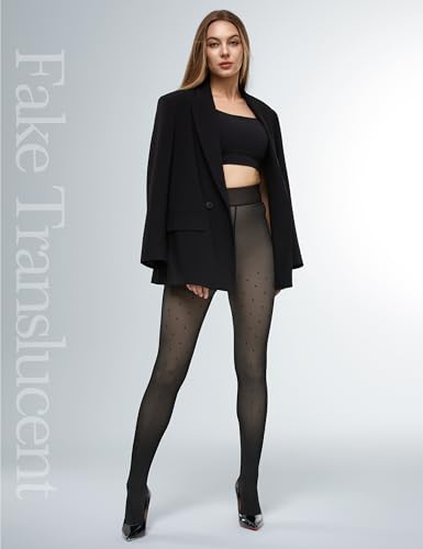 Image of KBVOT Fleece Lined Tights Women Sheer Warm Pantyhose Leggings Fake Translucent Thermal Winter Thick Tights for Dresses
