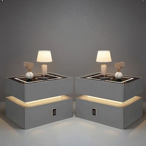 Table de nuit avec serrure à mot de passe, table de chevet en bois massif avec haut-parleurs et fonction de charge, design moderne pour chambre à coucher