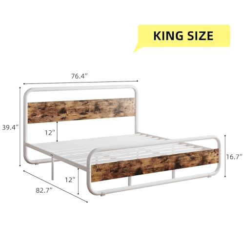 Image of King Size Bed Frame, Wood Headboard and Footboard, LED Lights, White