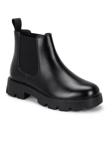 Image of HiREL'S Premium PU Chelsea Boots for Men, Black, Chunky Lug Sole, Arch Support, Slip-Resistance, Height Increasing