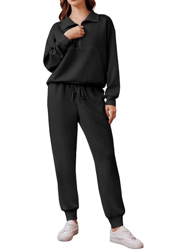 PINSPARK Jogginganzug Damen Set Trainingsanzug Halber Reißverschluss Zweiteiler Tracksuit Langarm Outfit Freizeitanzug Einfarbig Jogger Sportanzug Schwarz L