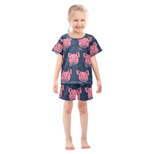 ALAZA Navy Blue Pig Piggy Pajamas Set Short Sleeve Cotton Sleepwear Summer Pjs 2 Piece 5-14Y3