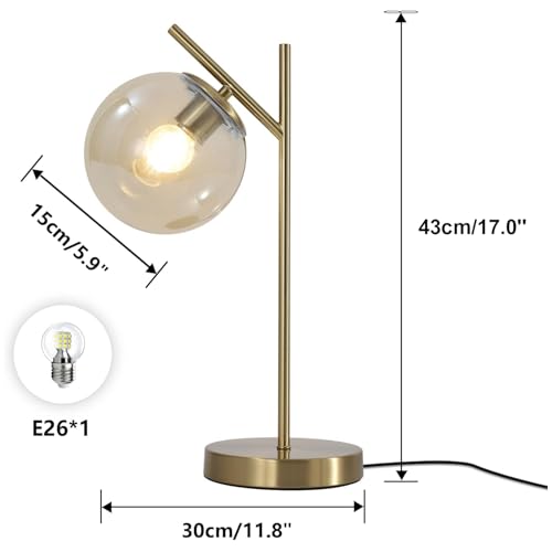 Image of Mid Century Modern Table Lamp, Gold Globe Nightstand Lamp with Cognacs Glass Shade, Metal Brass Desk Lamp for Bedroom Living Room Study Room