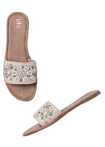 Image of OPIVE's Mehandi Women's Mojari Jutti Ethnic Punjabi Juttis Traditional Flat Embroidered Canvas Fancy Bellies Comfortable Sole for Womens & Girls
