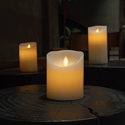 Image of Fire Tek 3.2 x 4 Inch Flameless Pillar Candle, 1 Programable LED Pillar Candle - Dancing Flame, For Home, Weddings, And Parties, White Real Wax Battery Pillar Candle, Remote Sold Separately,