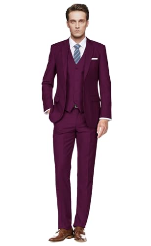 Image of Men's Slim Fit 3 Piece Suit Two Button Business Wedding Dress Tux Suit Set Jacket Vest Pants with Tie