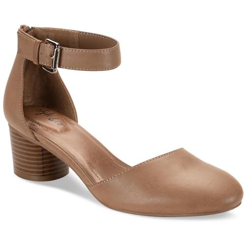 Style & Co. Womens Alinaa Faux Leather Block Heels Tan 6.5 Medium (B,M), Biscuit Smooth