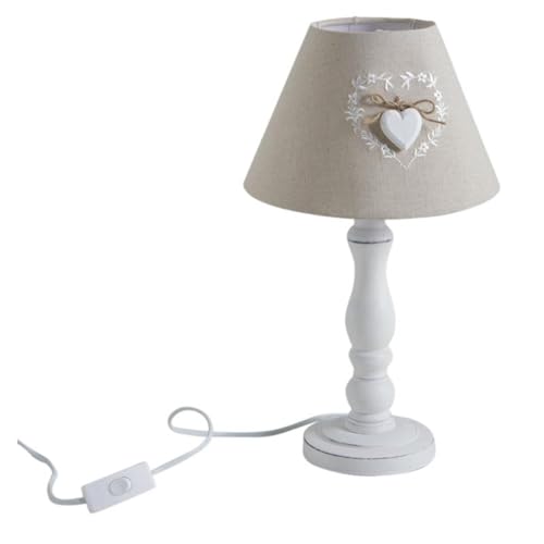 AUBRY GASPARD - Lampe Bois Coeur - Blanc Beige - Bois, Coton, Métal - Ø 22 cm - H 40 cm - Culot E27 - Câble 110 cm - Interrupteur - Max 40W - Poids 0,67 kg