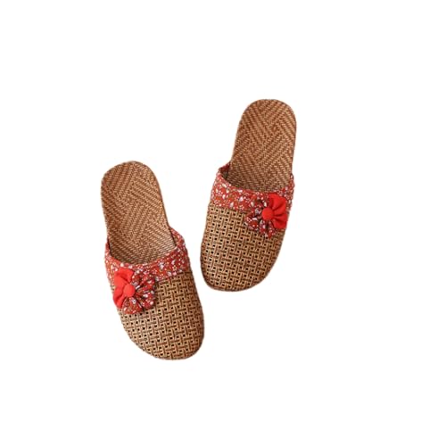 Shower Slippers Summer Mat Women's Linen Home Wooden Floor Couple Straw Indoor Men-orange Red Flowers-35-36