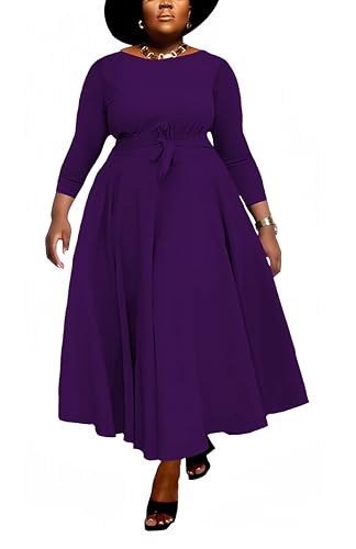 Image of Hostoyo Women Plus Size Formal A Line Maxi Dress Self Tie Waist with Pockets Elegant Round Neck Swing Long Dresses