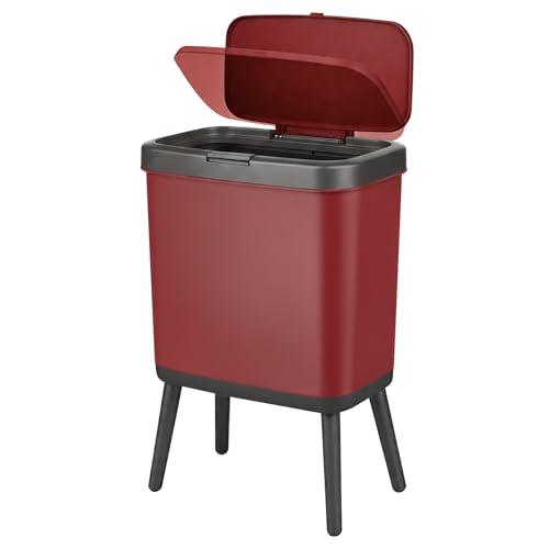 Image of Slim Kitchen Trash Can with Legs, 4 Gallon Bathroom Wastebasket with Press Top Lid, Rectangle Red Garbage Can with Lid, Small Plastic Trash Can for Toilet, Bedroom, Living Room, Dorm